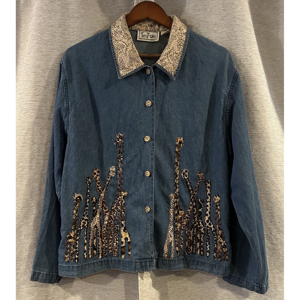Vtg Safari Tantrums Wood‎ Beaded Denim Button Shirt Novelty Giraffes Jacket PM